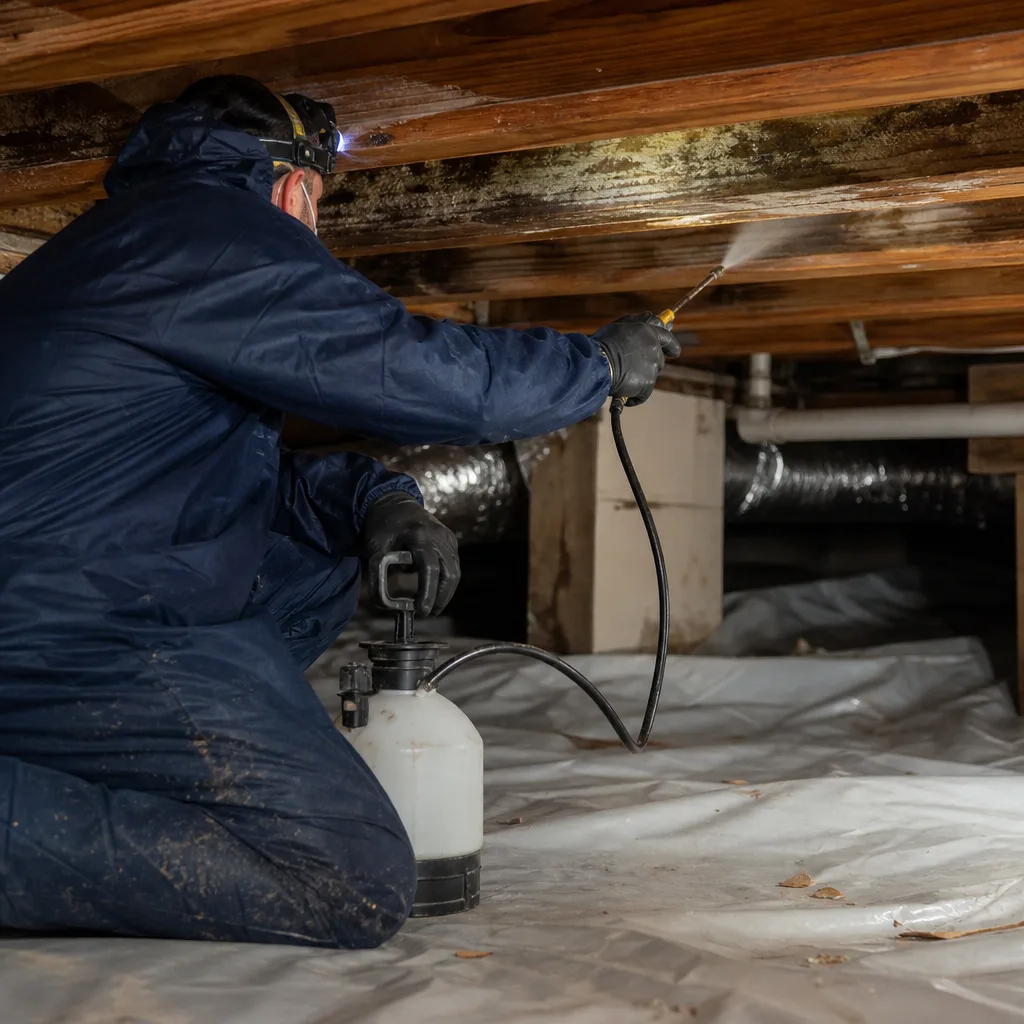 Technician in protective gear performing professional mold remediation in a crawl space