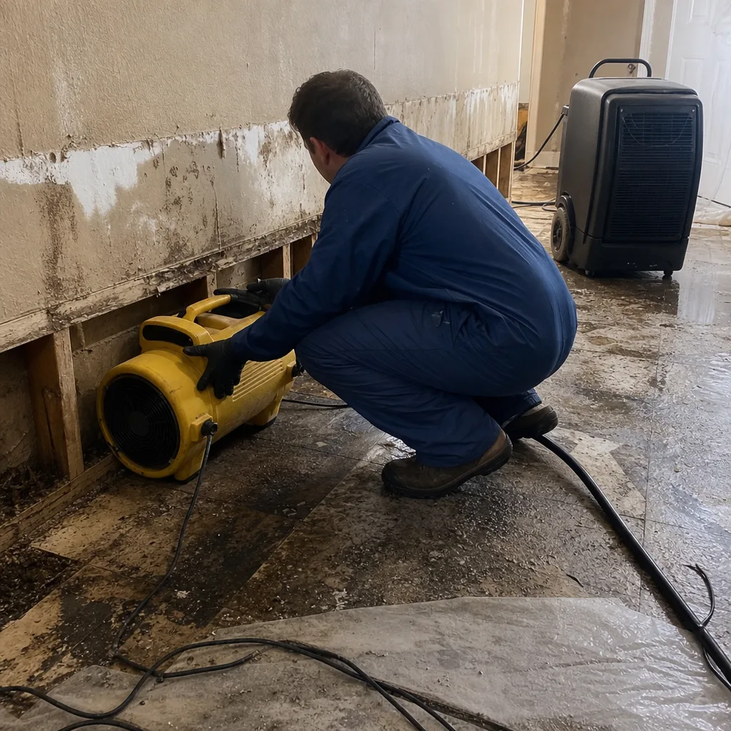 Technician using an air mover for professional water damage restoration
