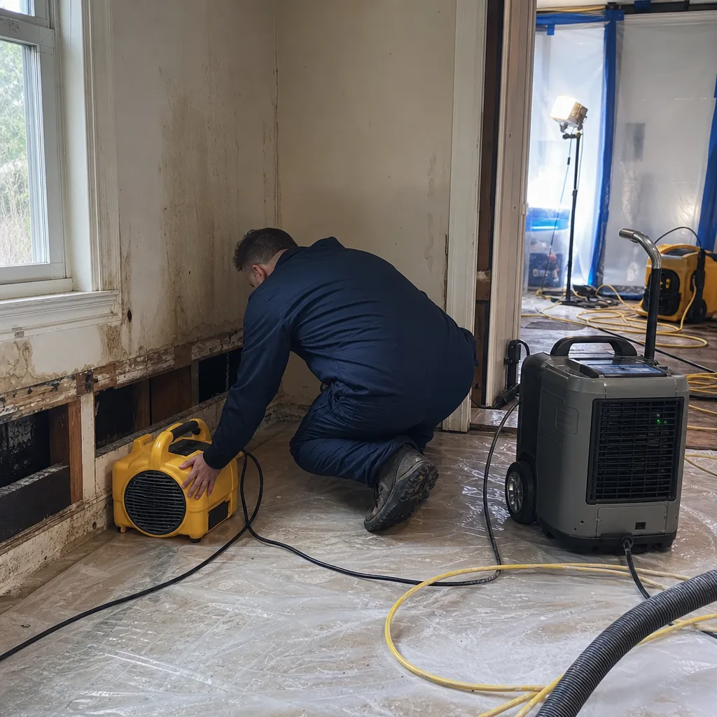 Professional technician performing water damage restoration with industrial drying equipment.